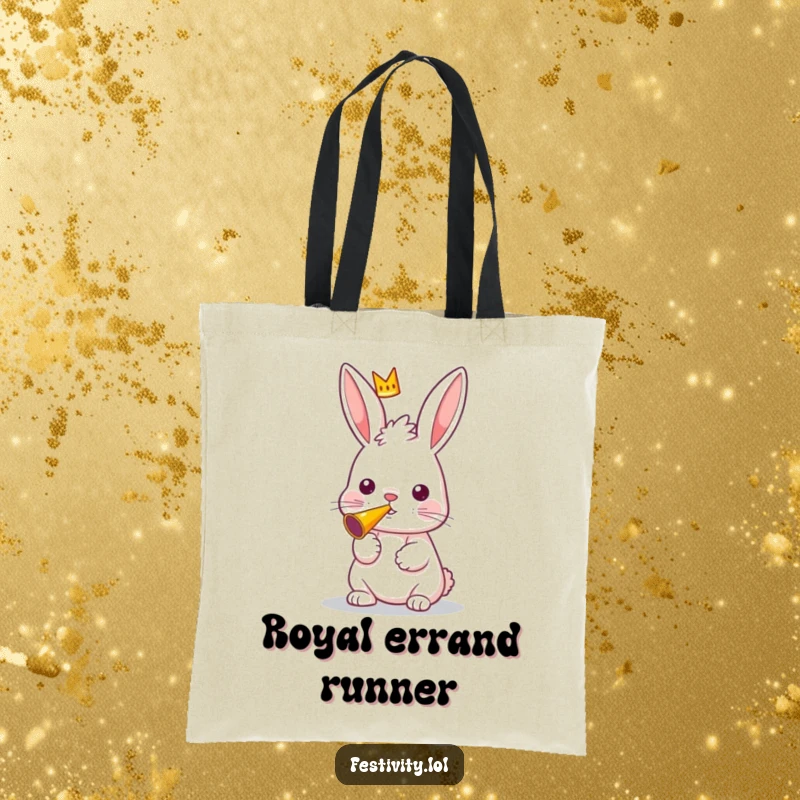Funny tote bag showing a curious rabbit with a small crown, blowing a party horn loudly.