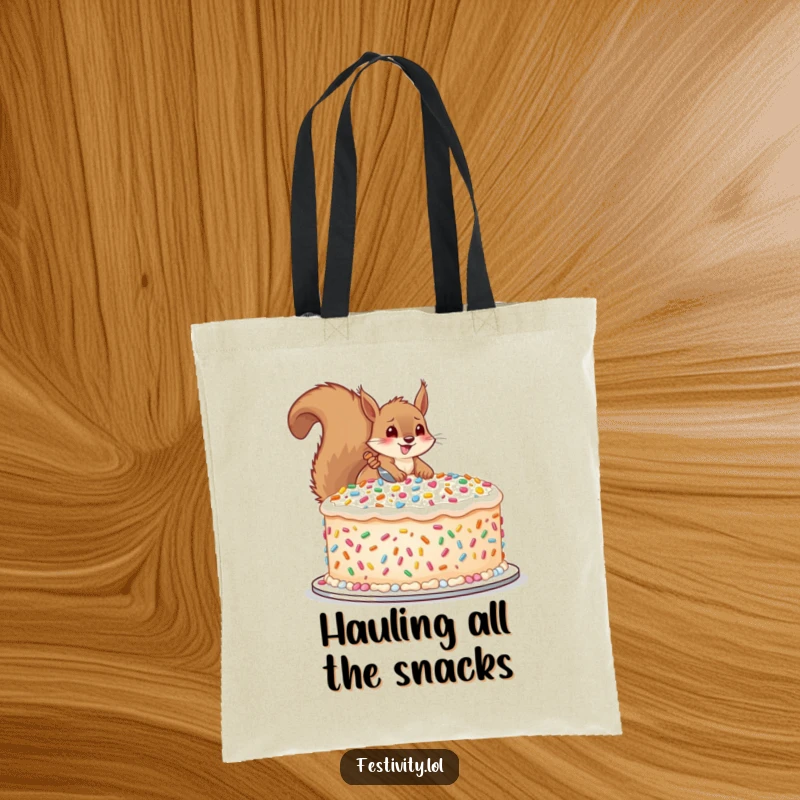 Funny tote bag showcasing a happy squirrel decorating a massive cake with oversized sprinkles, great for shopping and treats.