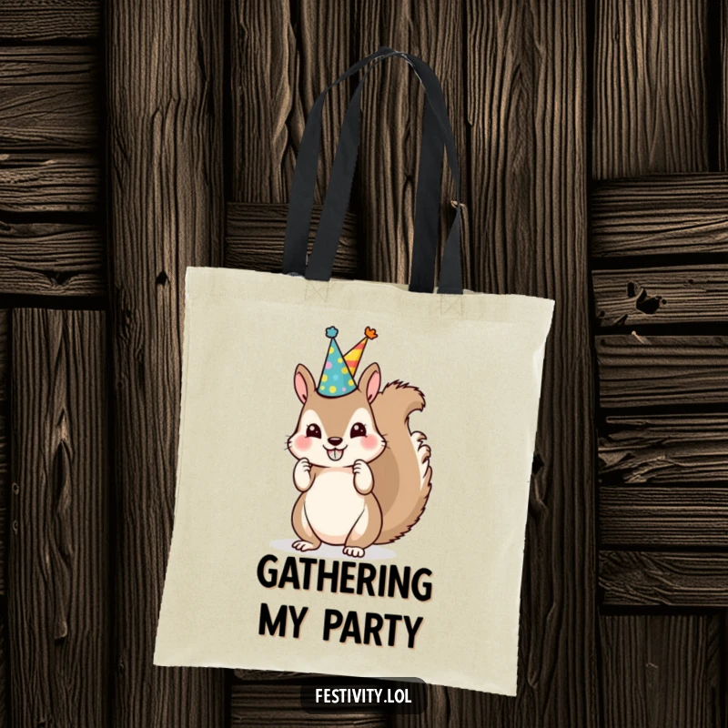 Funny Squirrel Party Hat Tote Bag features a mischievous squirrel stacking mismatched party hats, perfect for carrying playful treasures.
