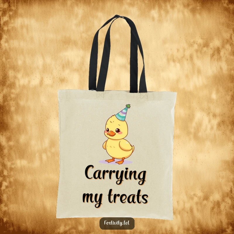Funny tote bag with a wobbly duckling trying to balance a cake with candles, perfect for humorous carrying.