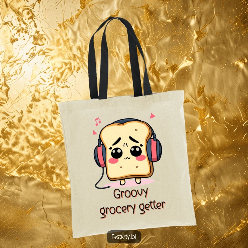 Funny toast character in oversized headphones, looking confused and enjoying music, on a practical funny tote bag.