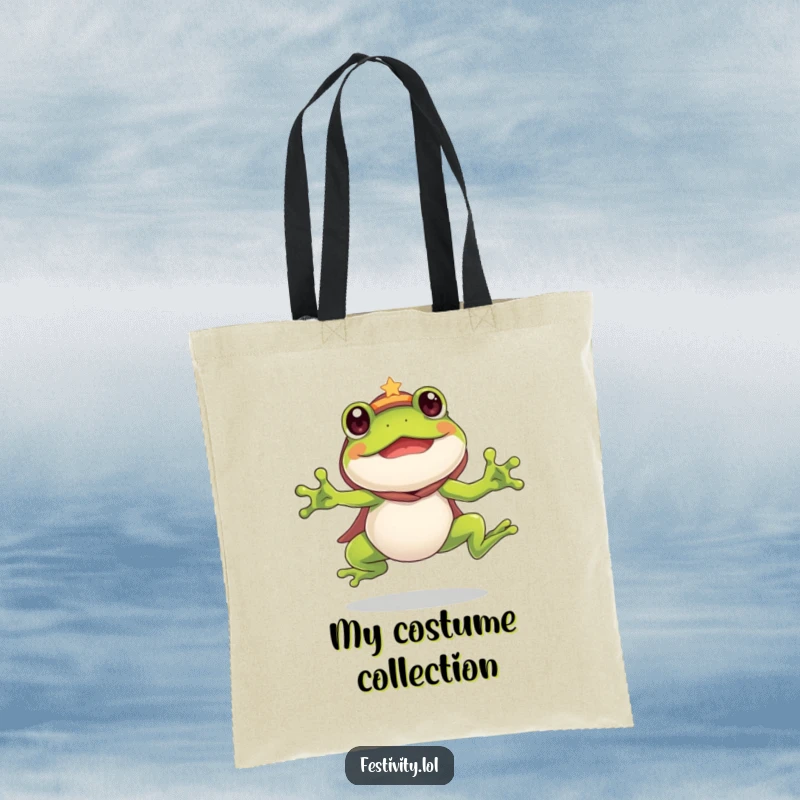 Funny Frog Tote Bag: A silly frog in a costume leaps with enthusiasm, perfect for carrying your daily essentials.