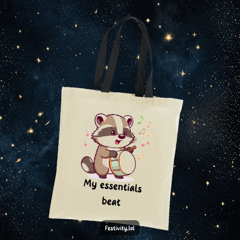 Funny tote bag showcasing a determined badger drumming, with musical notes bursting forth, celebrating rhythm and sound.