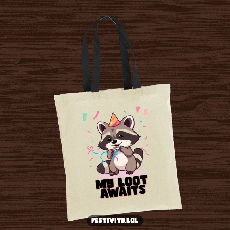 Funny tote bag showcasing a playful raccoon stealing colorful streamers from a party, highlighting its mischievous and fun nature.