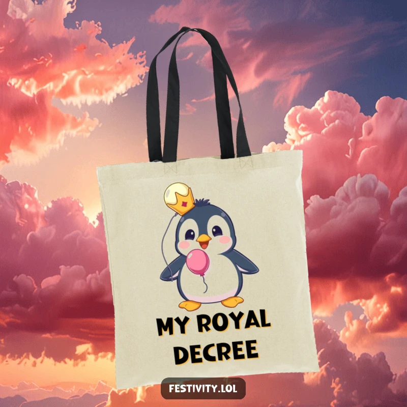 Funny tote bag with a surprised penguin wearing a tiny crown and holding a balloon, ready for errands.