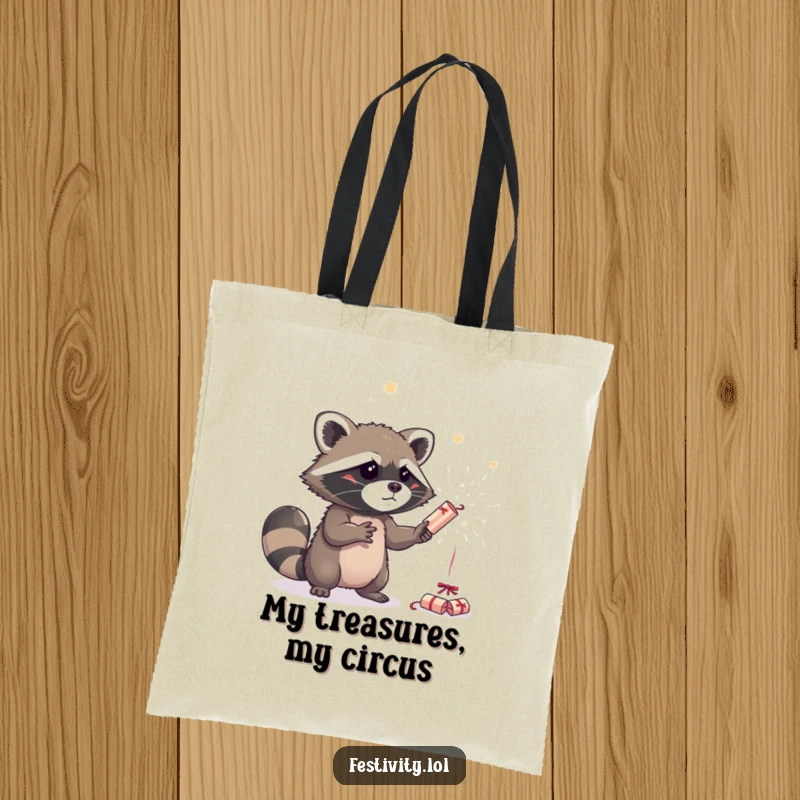 Funny raccoon juggling three sparkling party crackers on a sturdy tote bag, ideal for carrying party supplies and everyday items.