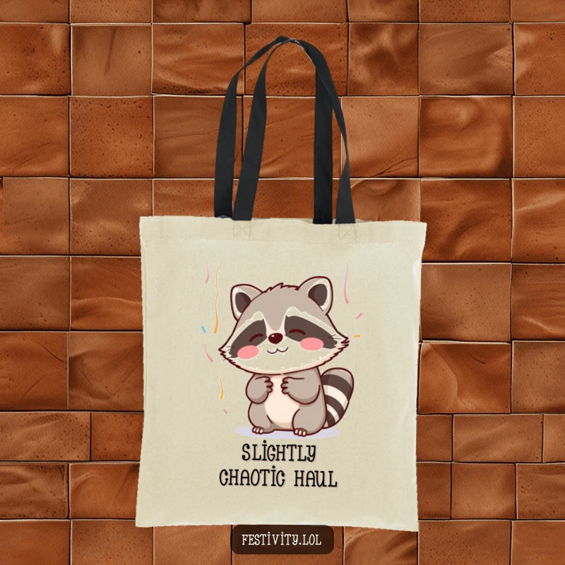 Funny tote bag with a blushing raccoon looking bashful while trying to catch falling streamers with its little paws.