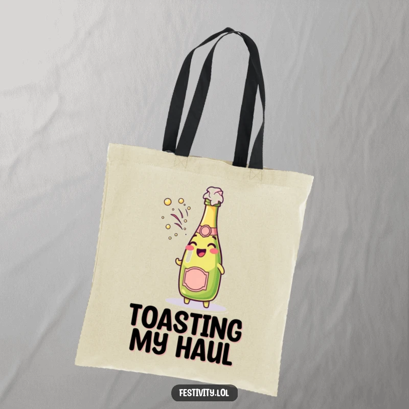 Funny cheerful champagne bottle character spraying bubbly foam on a festive tote bag.